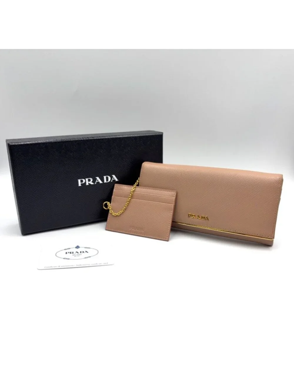 Prada Saffiano Metal Bifold Leather Pink Beige Wallet Gold